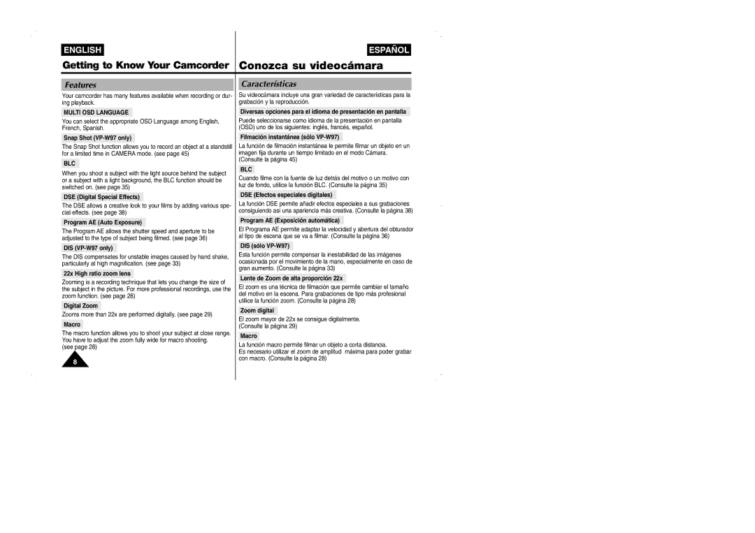 Samsung VP-W95D/XEV manual Features, Características 