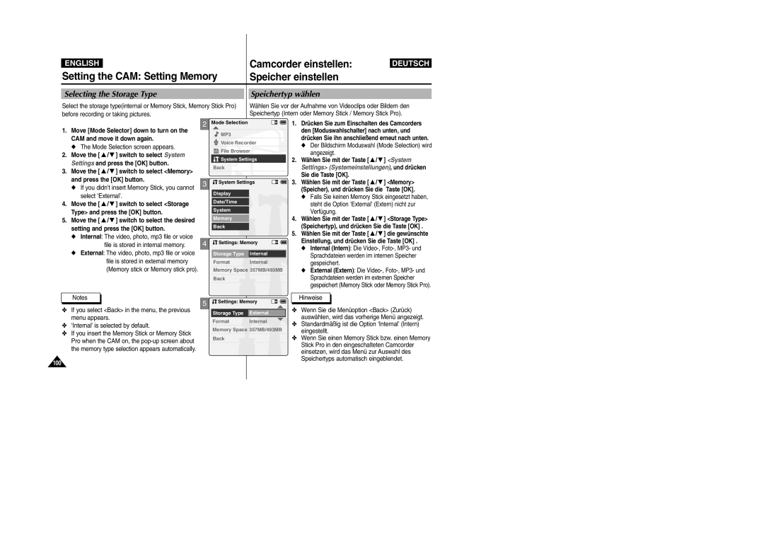 Samsung VP-X105L Setting the CAM Setting Memory Speicher einstellen, Camcorder einstellen, Selecting the Storage Type 