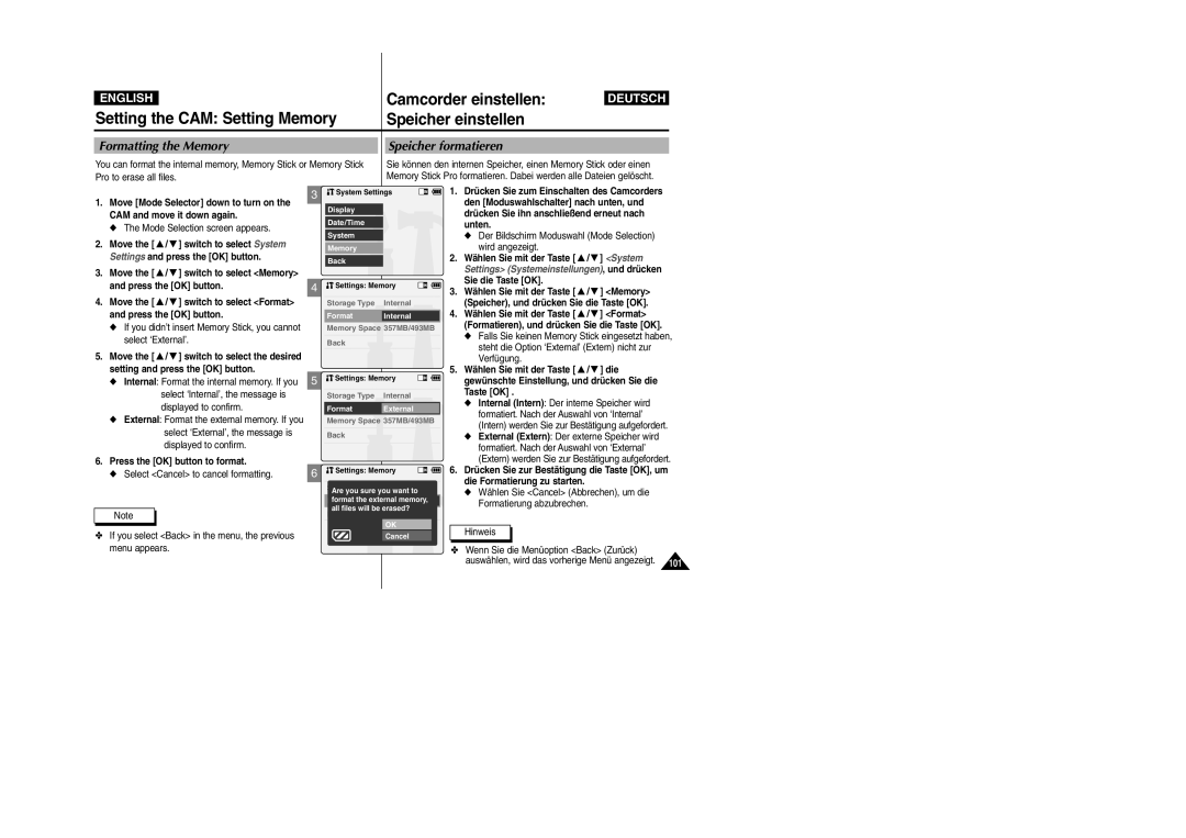 Samsung VP-X110L, VP-X105L manual Formatting the Memory, Speicher formatieren, Press the OK button to format 