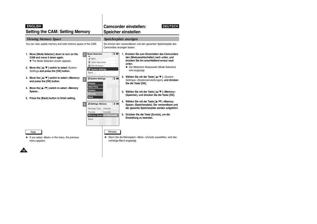 Samsung VP-X105L, VP-X110L manual Viewing Memory Space Speicherplatz anzeigen, Camcorders anzeigen lassen 