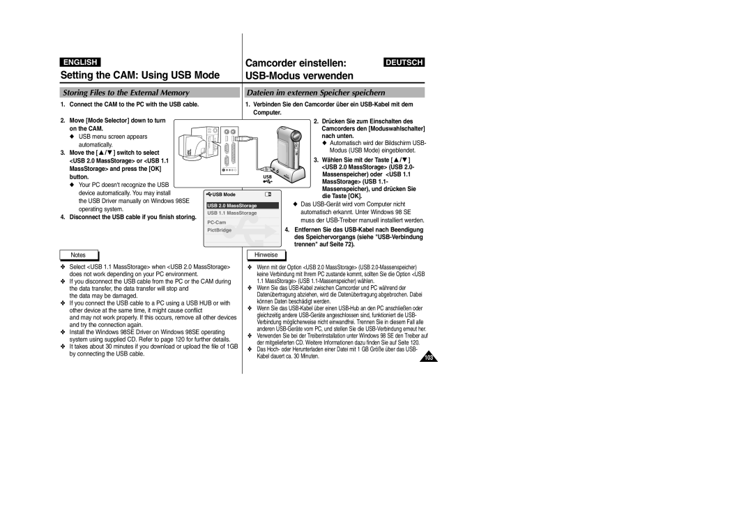 Samsung VP-X110L manual Setting the CAM Using USB Mode, USB-Modus verwenden, Connect the CAM to the PC with the USB cable 