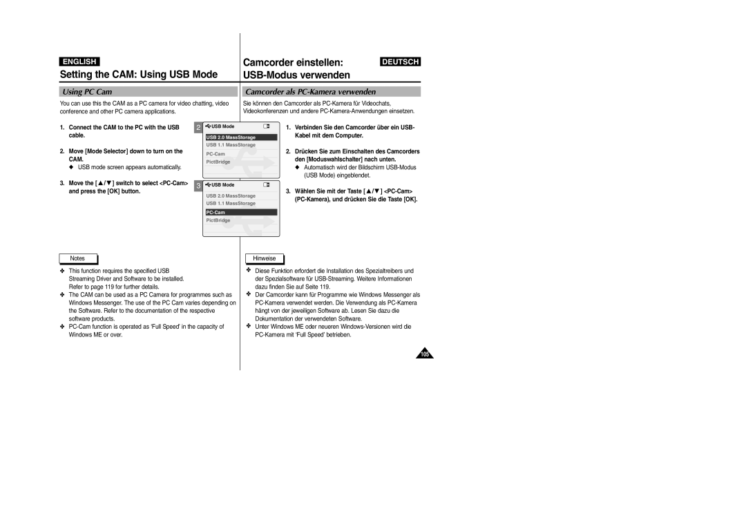 Samsung VP-X110L, VP-X105L manual Using PC Cam, Camcorder als PC-Kamera verwenden, Cable 