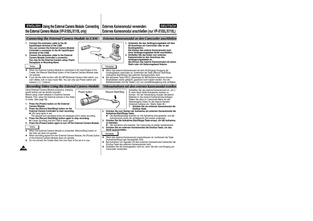 Samsung VP-X105L manual Externes Kameramodul an den Camcorder anschließen, Recording Video Using the External Camera Module 