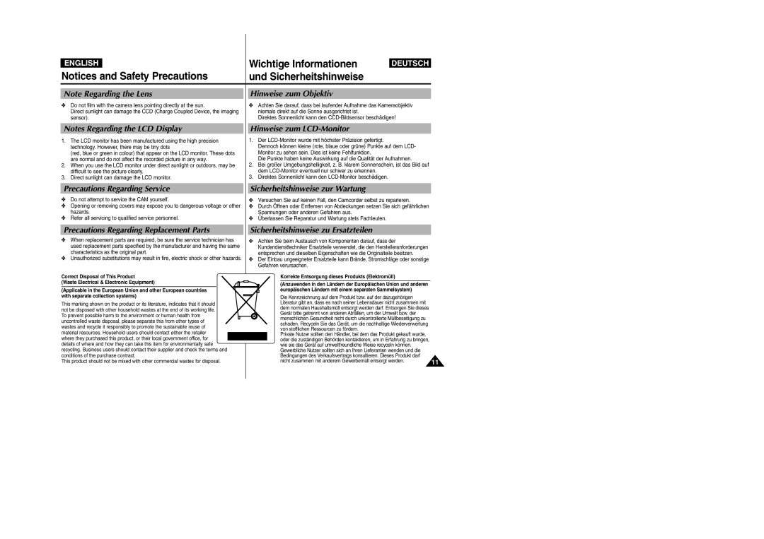 Samsung VP-X110L, VP-X105L manual Hinweise zum LCD-Monitor, Precautions Regarding Service, Sicherheitshinweise zur Wartung 