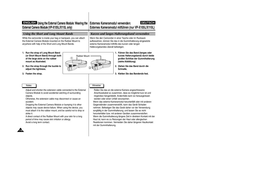 Samsung VP-X105L, VP-X110L manual Using the Short and Long Mount Bands, Run the strap of Long Mount Band, Rubber Mount 