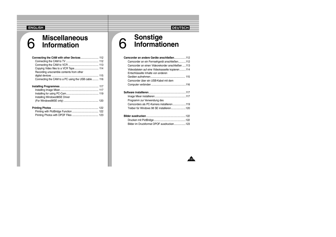 Samsung VP-X110L, VP-X105L manual 112, 113, 114, Recording unscramble contents from other, 115, 116, 117, 119, 120, 122, 123 