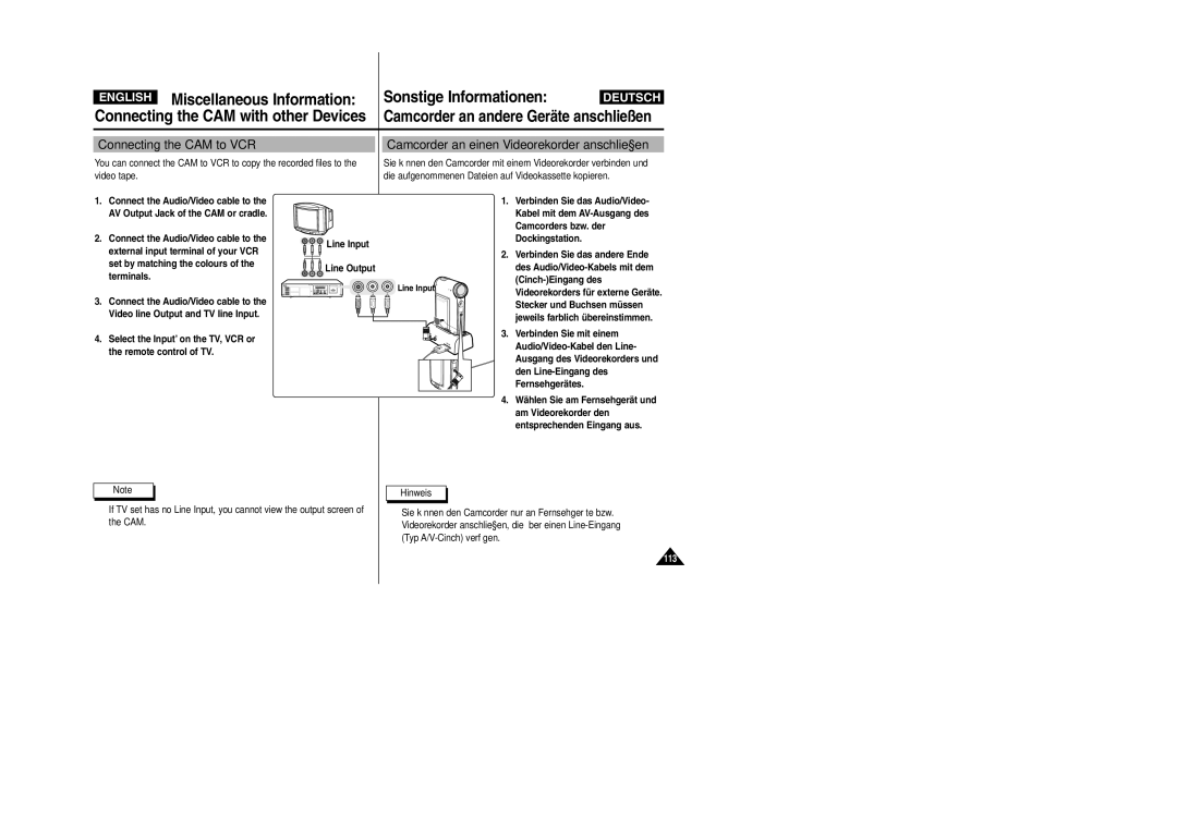 Samsung VP-X110L, VP-X105L Connecting the CAM to VCR, Camcorder an einen Videorekorder anschließen, Line Input Line Output 