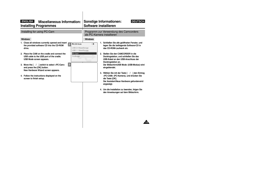 Samsung VP-X110L, VP-X105L Installing for using PC-Cam, Als PC-Kamera installieren, Programm zur Verwendung des Camcorders 