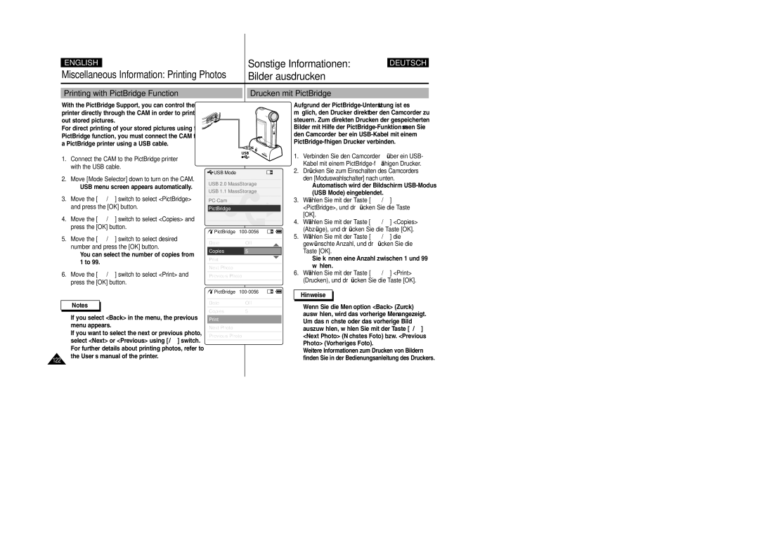 Samsung VP-X105L, VP-X110L Miscellaneous Information Printing Photos Bilder ausdrucken, Printing with PictBridge Function 