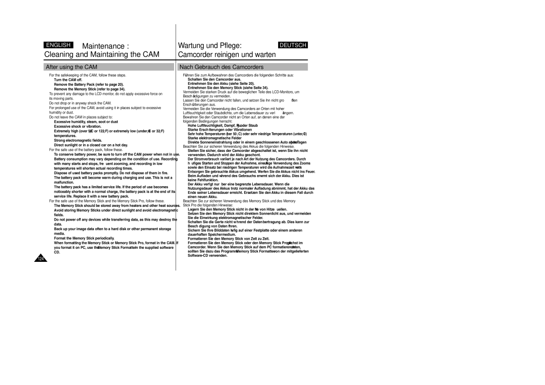 Samsung VP-X105L, VP-X110L manual After using the CAM, Nach Gebrauch des Camcorders 