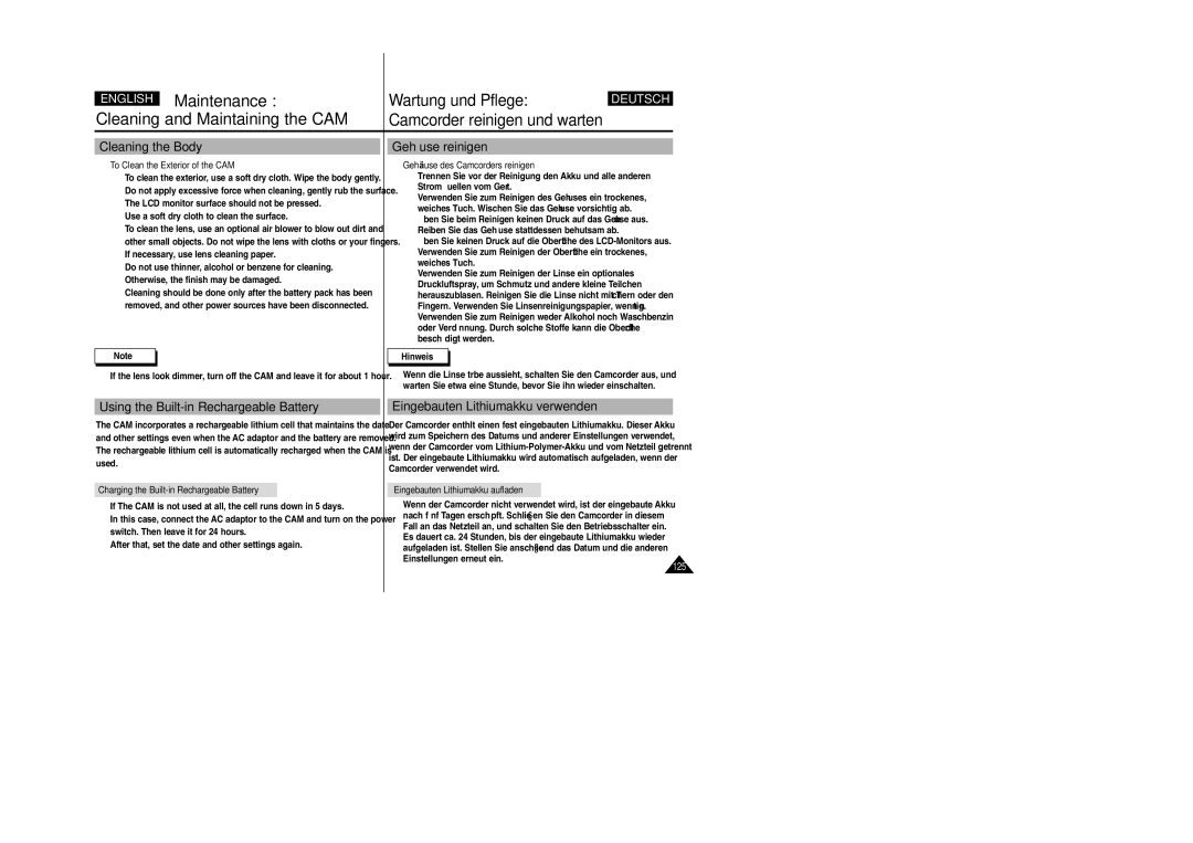 Samsung VP-X110L, VP-X105L manual Cleaning the Body, Gehäuse reinigen, Using the Built-in Rechargeable Battery 