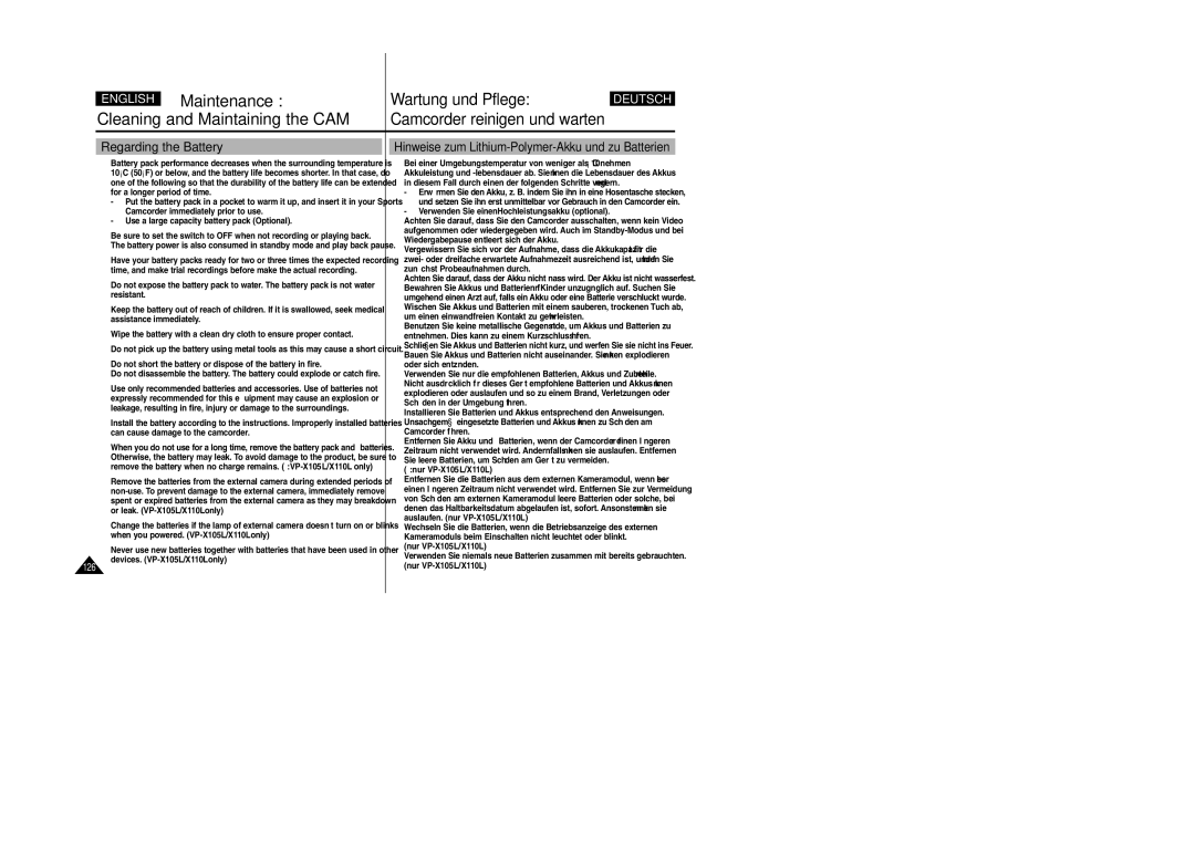 Samsung VP-X105L, VP-X110L manual Regarding the Battery, Hinweise zum Lithium-Polymer-Akku und zu Batterien 