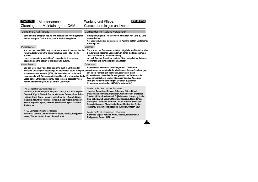 Samsung VP-X110L, VP-X105L manual Using the CAM Abroad, Camcorder im Ausland verwenden 