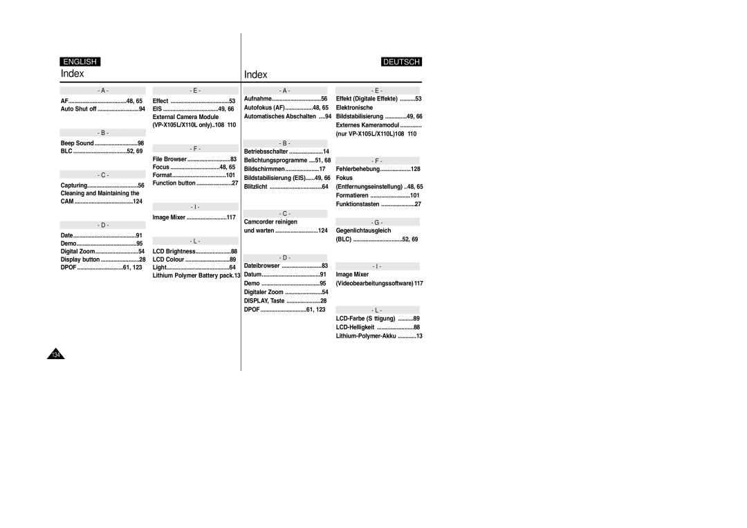 Samsung VP-X105L, VP-X110L manual Index 