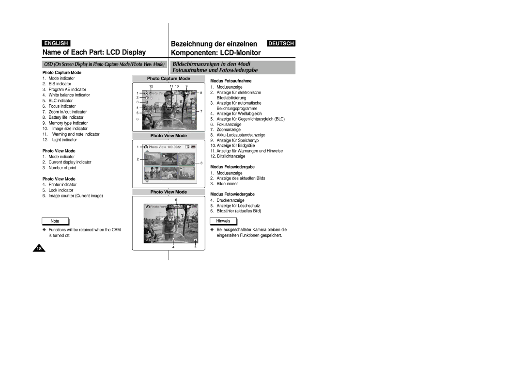 Samsung VP-X105L, VP-X110L manual Photo Capture Mode, Modus Fotoaufnahme, Photo View Mode, Modus Fotowiedergabe 