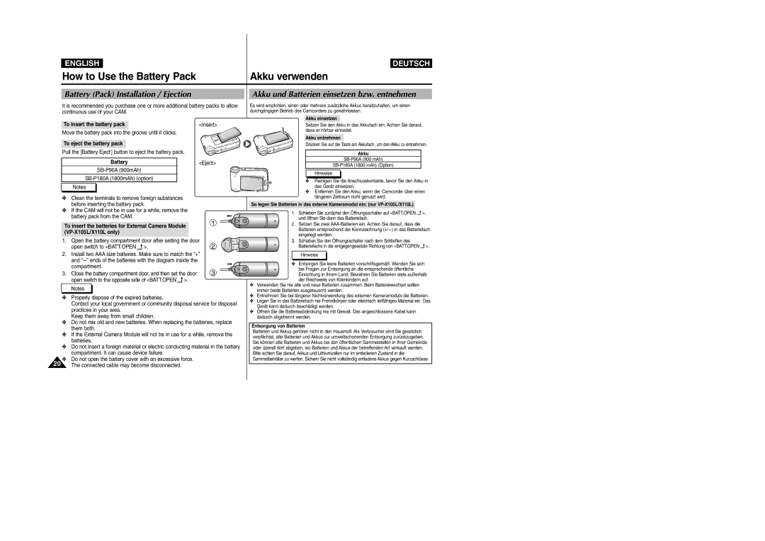 Samsung VP-X105L, VP-X110L manual Akku und Batterien einsetzen bzw. entnehmen, Battery Pack Installation / Ejection 