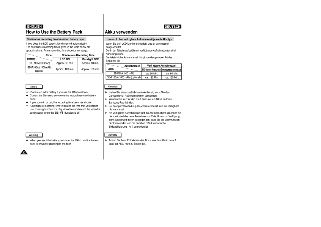 Samsung VP-X105L Continuous recording time based on battery type, Time Continuous Recording Time Battery, Aufnahmezeit 