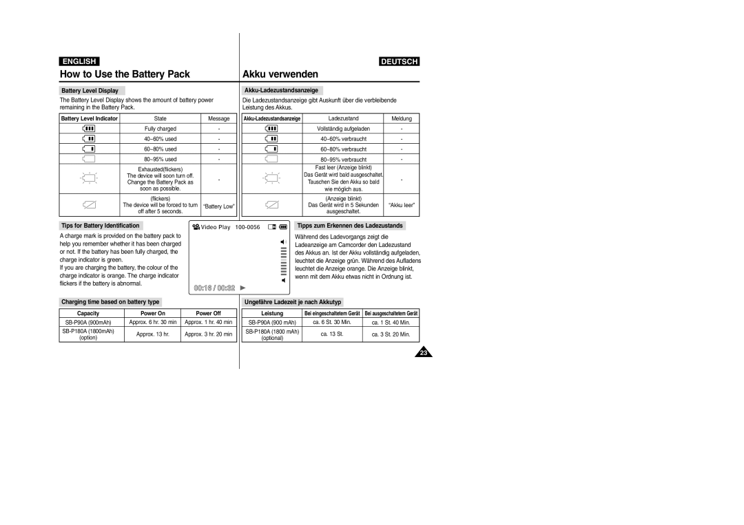 Samsung VP-X110L Battery Level Display, Tips for Battery Identification, Video Play, Tipps zum Erkennen des Ladezustands 