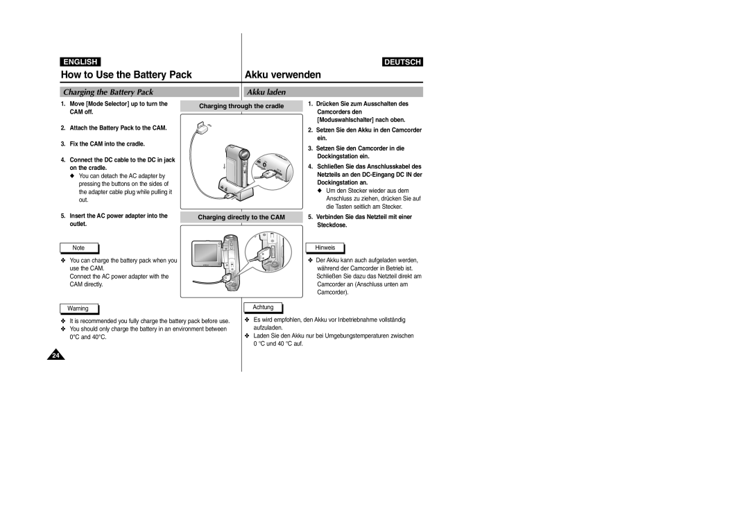 Samsung VP-X105L manual How to Use the Battery Pack Akku verwenden, Charging the Battery Pack Akku laden, Outlet Steckdose 