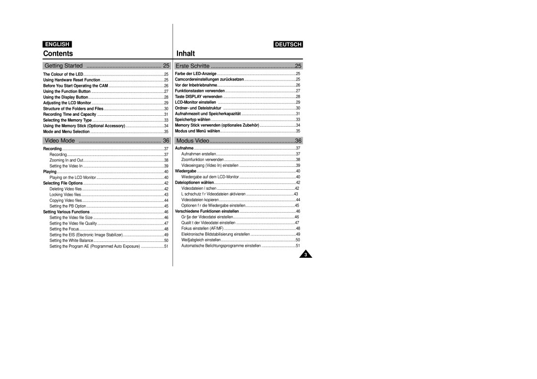 Samsung VP-X110L, VP-X105L manual Getting Started, Erste Schritte, Video Mode, Modus Video 