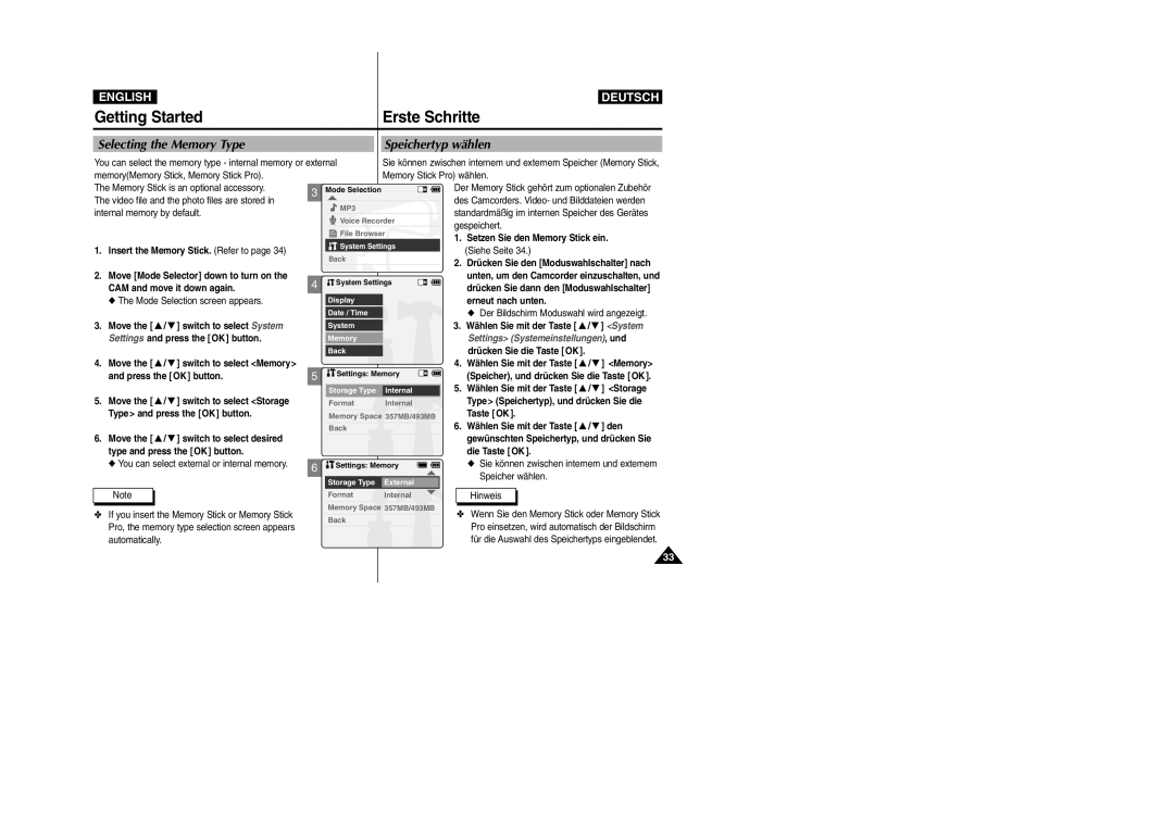 Samsung VP-X110L, VP-X105L manual Selecting the Memory Type, Speichertyp wählen, Type and press the OK button 