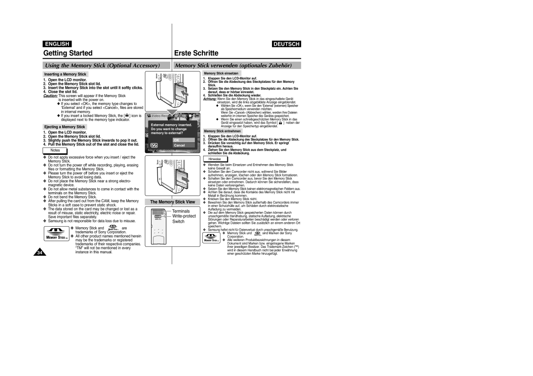 Samsung VP-X105L Using the Memory Stick Optional Accessory, Memory Stick verwenden optionales Zubehör, Memory Stick View 