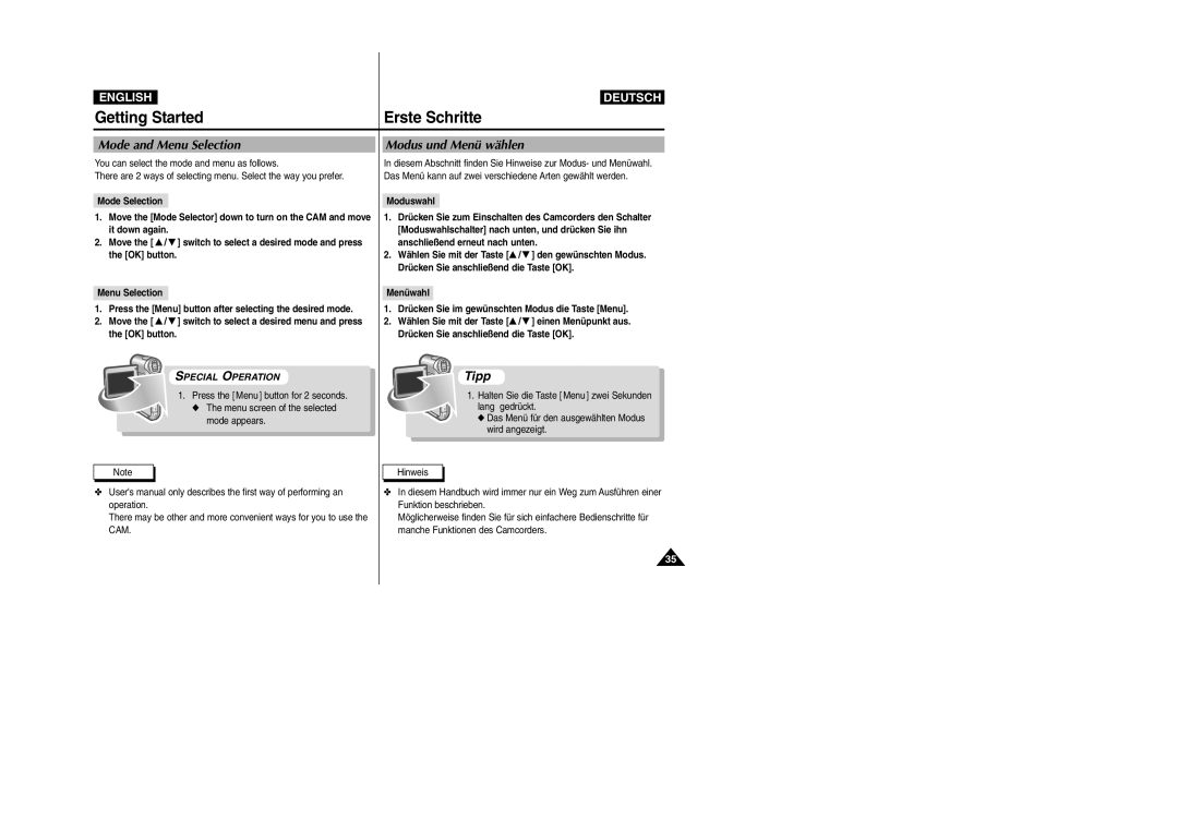 Samsung VP-X110L, VP-X105L manual Mode and Menu Selection, Modus und Menü wählen, Mode Selection, Moduswahl, Menüwahl 