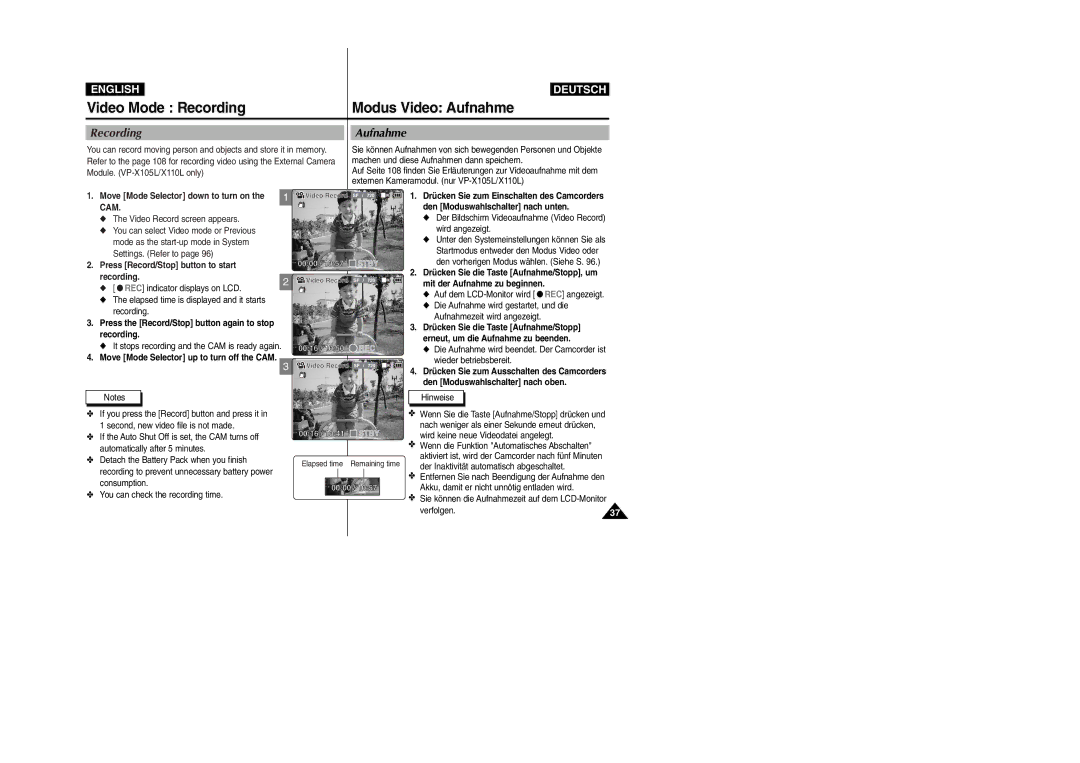 Samsung VP-X110L, VP-X105L manual Video Mode Recording, Modus Video Aufnahme, Press Record/Stop button to start Recording 