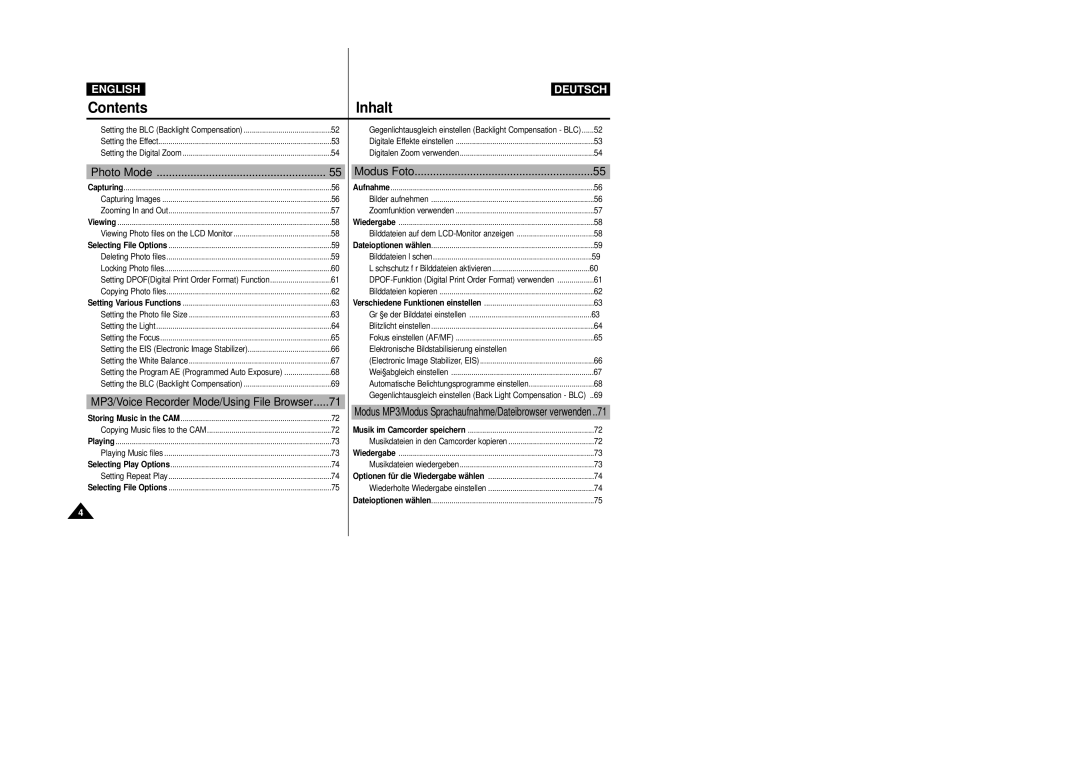 Samsung VP-X105L, VP-X110L manual Contents Inhalt 