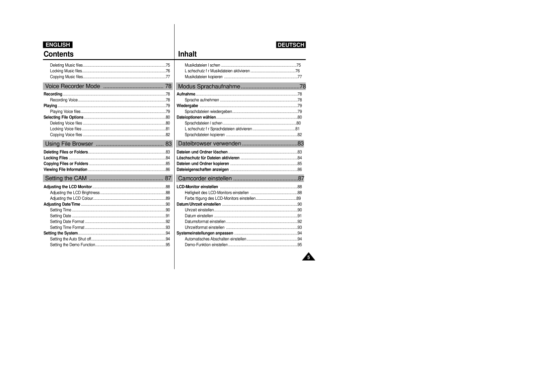 Samsung VP-X110L, VP-X105L manual Voice Recorder Mode, Using File Browser, Setting the CAM Camcorder einstellen 