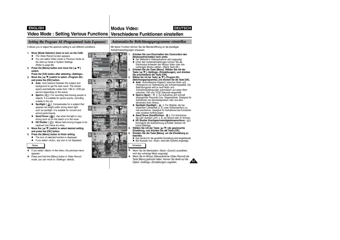 Samsung VP-X110L, VP-X105L manual Setting the Program AE Programmed Auto Exposure, Sie anschließend die Taste OK 