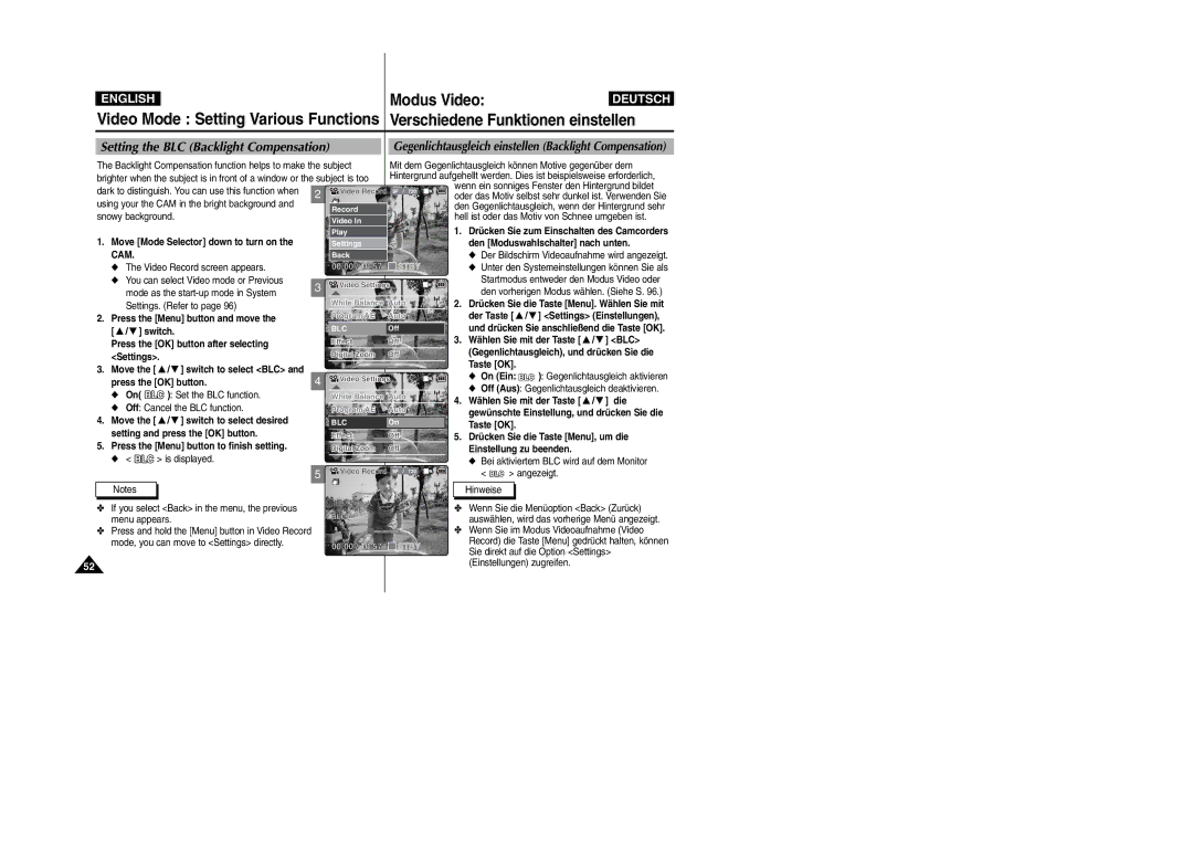 Samsung VP-X105L, VP-X110L manual Setting the BLC Backlight Compensation 