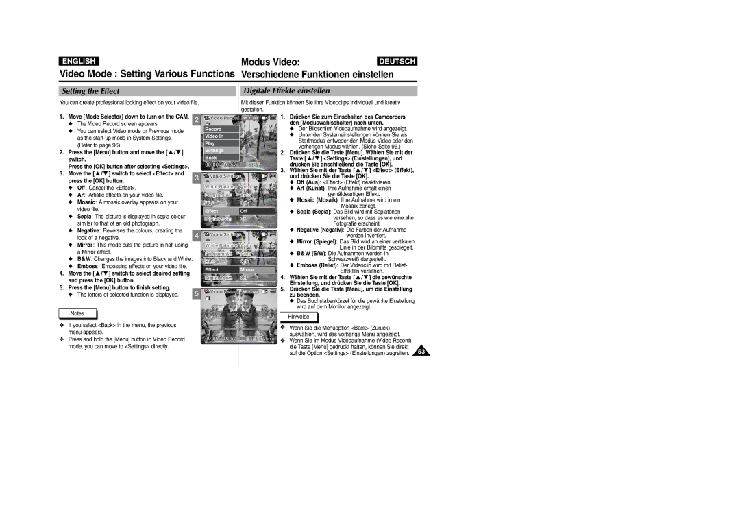 Samsung VP-X110L, VP-X105L manual Setting the Effect Digitale Effekte einstellen 