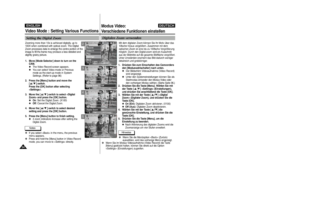 Samsung VP-X105L, VP-X110L manual Setting the Digital Zoom Digitalen Zoom verwenden, Move the / switch to select Digital 