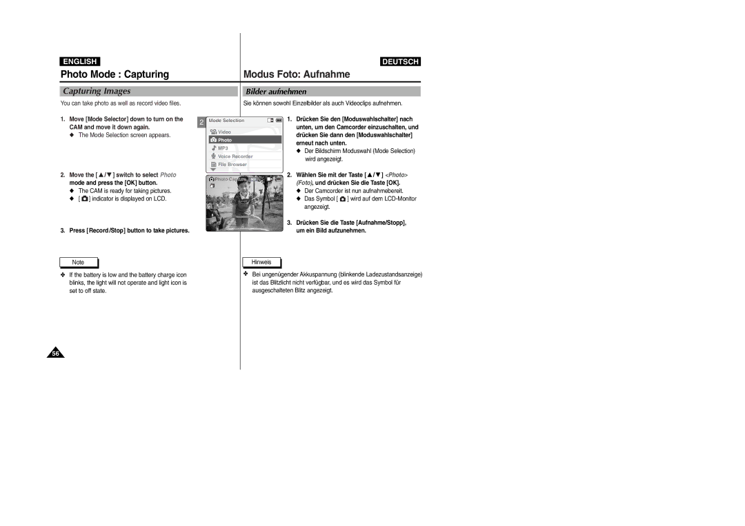 Samsung VP-X105L, VP-X110L manual Photo Mode Capturing Modus Foto Aufnahme, Bilder aufnehmen, CAM and move it down again 