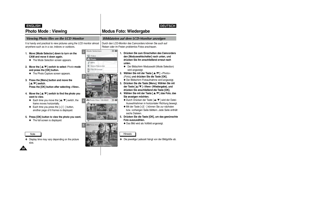 Samsung VP-X105L Unten, Der Bildschirm Moduswahl Mode Selection, Wählen Sie mit der Taste / Photo, Sie anzeigen möchten 