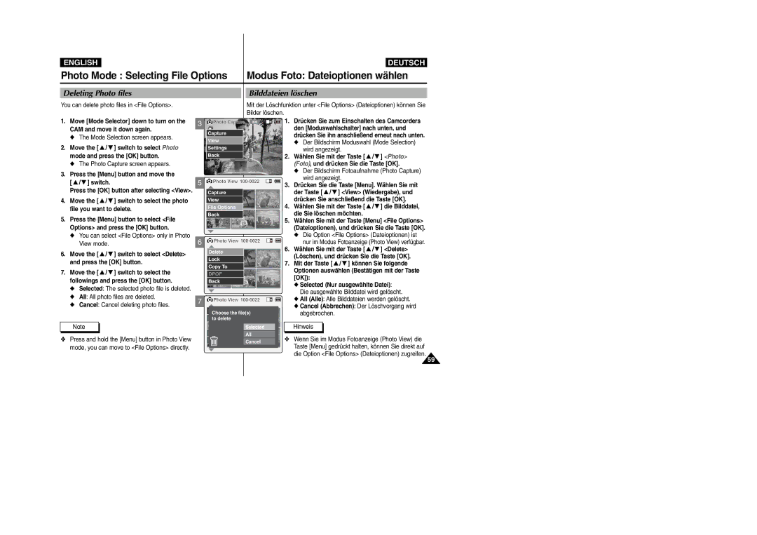 Samsung VP-X110L, VP-X105L manual Deleting Photo files Bilddateien löschen 