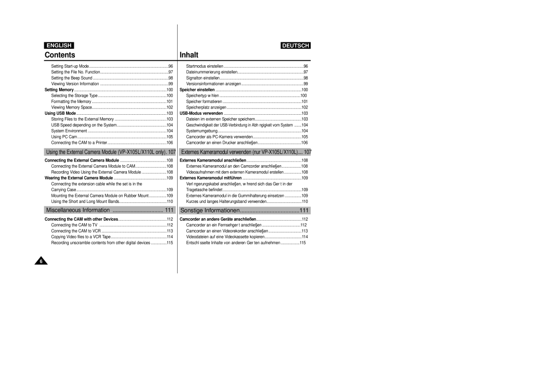 Samsung VP-X105L, VP-X110L manual 111, Miscellaneous Information 