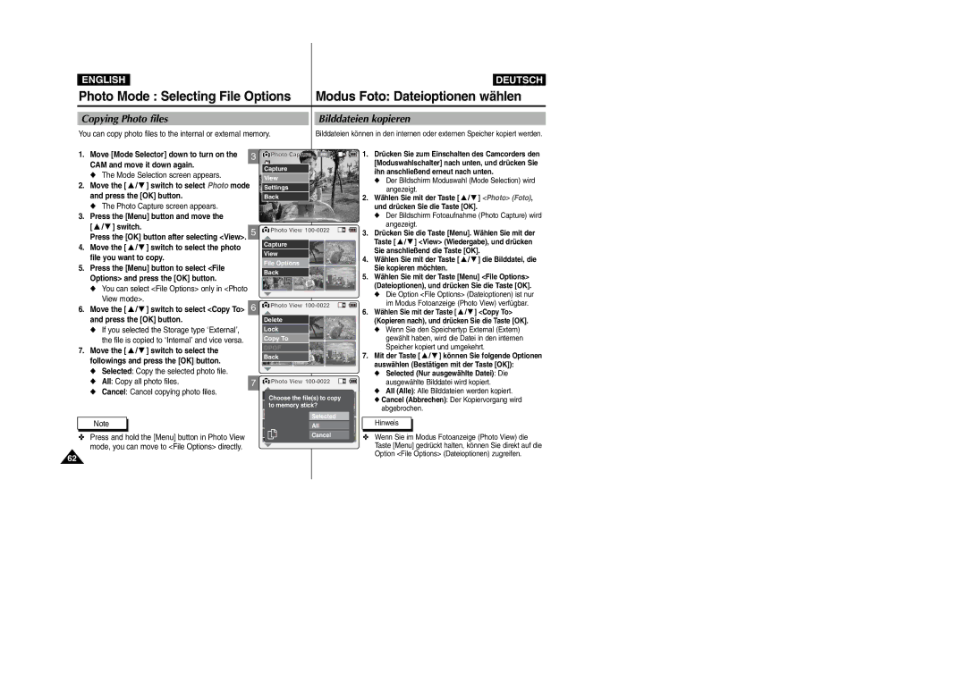 Samsung VP-X105L Copying Photo files Bilddateien kopieren, Move the / switch to select the photo file you want to copy 