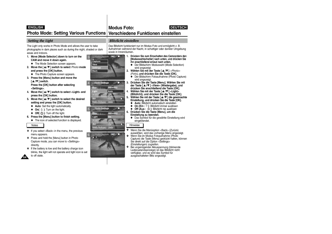 Samsung VP-X105L manual Setting the Light, Blitzlicht einstellen, CAM and move it down again Mode Selection screen appears 