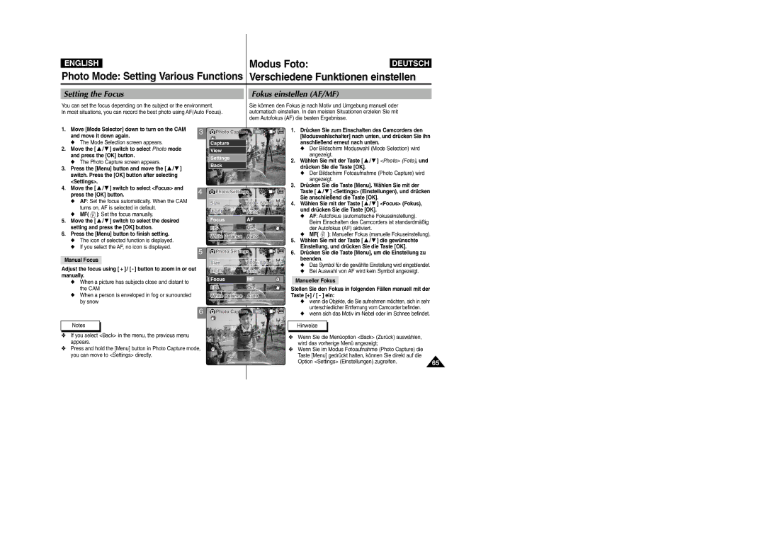 Samsung VP-X110L, VP-X105L Setting the Focus, Fokus einstellen AF/MF, Press the OK button Photo Capture screen appears 