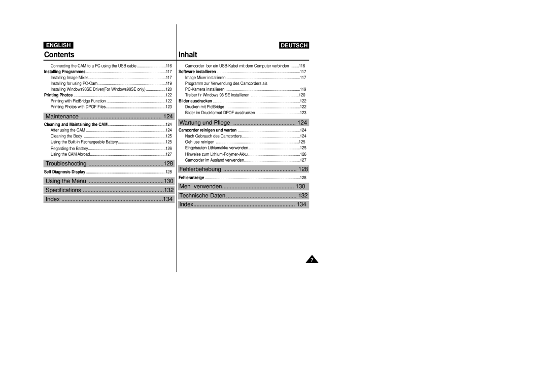 Samsung VP-X110L, VP-X105L manual Contents Inhalt 