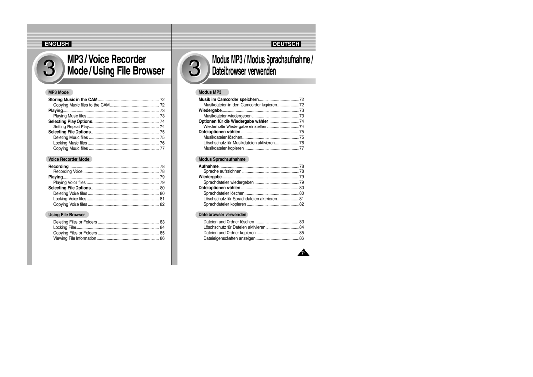 Samsung VP-X110L, VP-X105L manual MP3 Mode, Voice Recorder Mode, Using File Browser, Modus MP3, Dateibrowser verwenden 