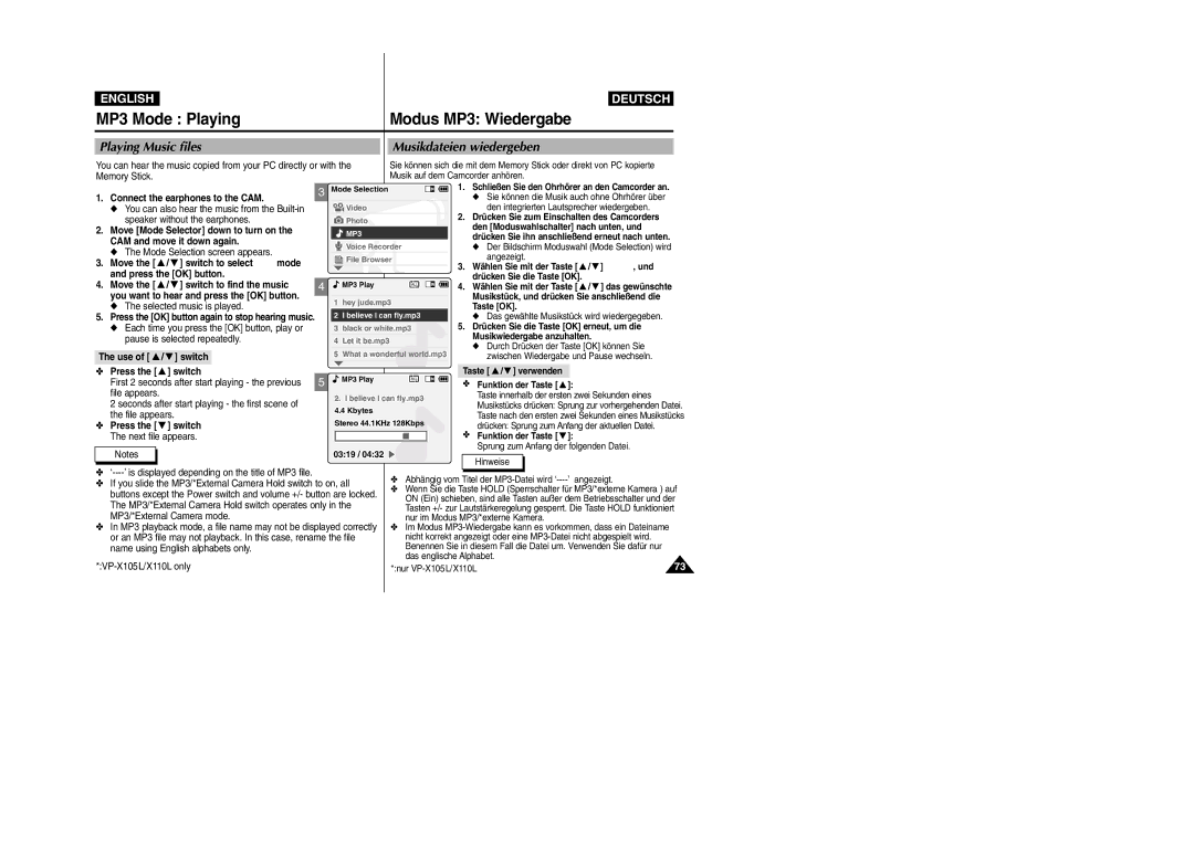 Samsung VP-X110L manual Playing Music files Musikdateien wiedergeben, Connect the earphones to the CAM, Press the switch 