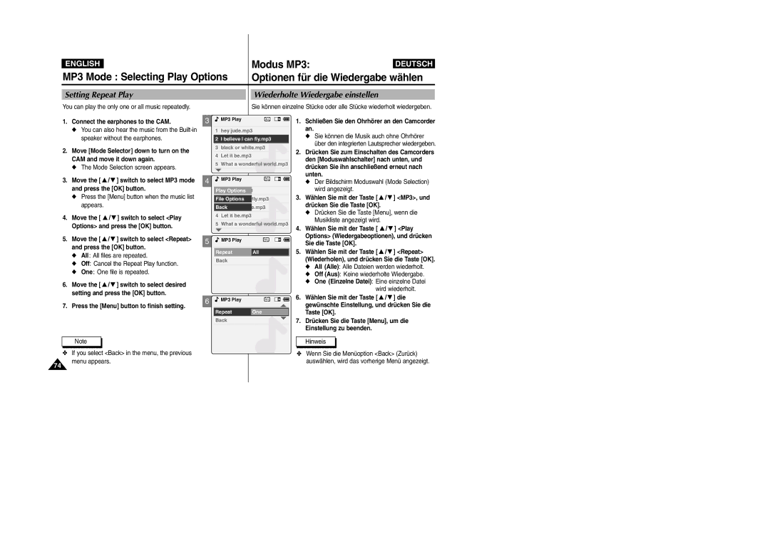 Samsung VP-X105L, VP-X110L manual Setting Repeat Play, Wiederholte Wiedergabe einstellen 