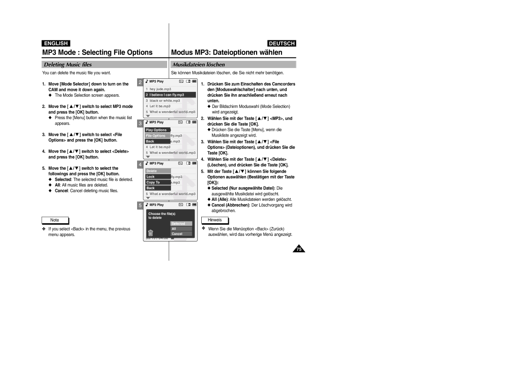 Samsung VP-X110L, VP-X105L manual MP3 Mode Selecting File Options, Modus MP3 Dateioptionen wählen, Deleting Music files 