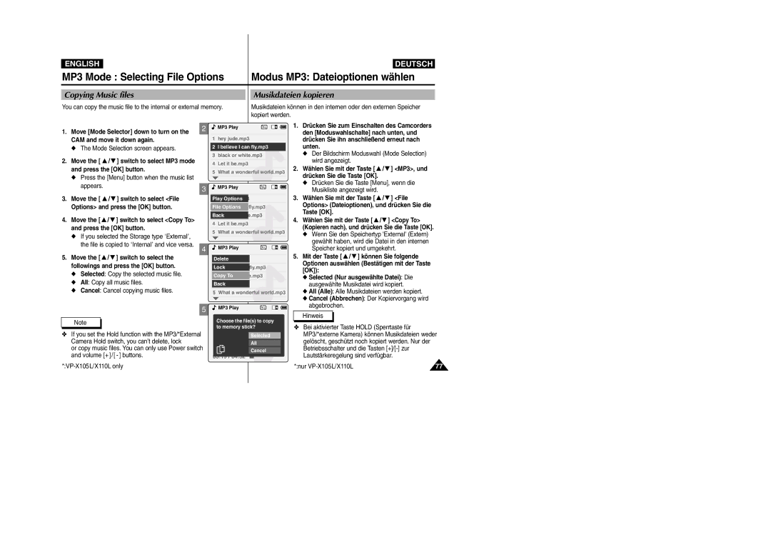 Samsung VP-X110L, VP-X105L manual Copying Music files Musikdateien kopieren, Den Moduswahlschalte nach unten, und 