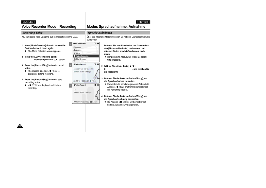 Samsung VP-X105L, VP-X110L Voice Recorder Mode Recording Modus Sprachaufnahme Aufnahme, Recording Voice Sprache aufnehmen 