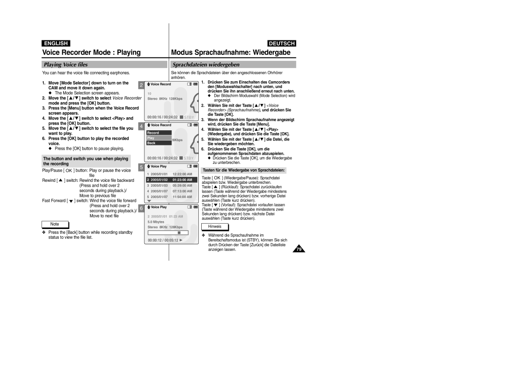 Samsung VP-X110L manual Playing Voice files Sprachdateien wiedergeben, Button and switch you use when playing the recording 