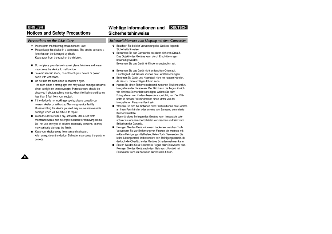 Samsung VP-X105L, VP-X110L manual Sicherheitshinweise, Wichtige Informationen und, Precautions on the CAM Care 